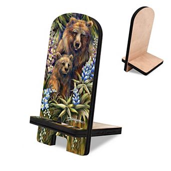 Grin & Bear it Grizzly Mother & Cub Cell Phone Stand Wildlife Decor Wood Mobile Holder Organizer