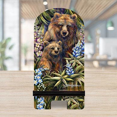 Grin & Bear it Grizzly Mother & Cub Cell Phone Stand Wildlife Decor Wood Mobile Holder Organizer