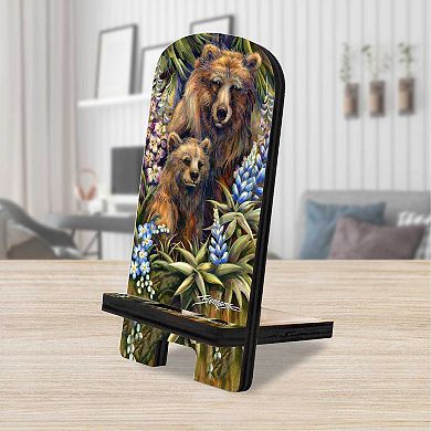 Grin & Bear it Grizzly Mother & Cub Cell Phone Stand Wildlife Decor Wood Mobile Holder Organizer