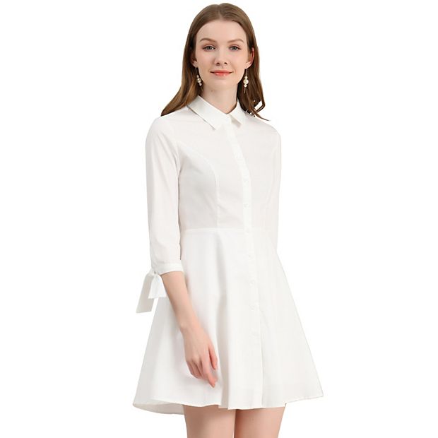 Women s Turn Down Collar Button Down Cotton Skater Shirt Dress