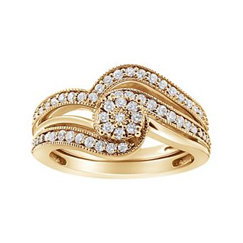 Haus of Brilliance 14k Gold Over Silver 1/3 Carat T.W. Diamond Bypass Vintage Engagement Ring Set
