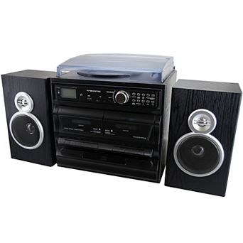 Trexonic 3-Speed Vinyl Turntable Home Stereo System with CD Player, Dual Cassette Player, Bluetooth, FM Radio & USB/SD Recording & Wired Shelf Speakers