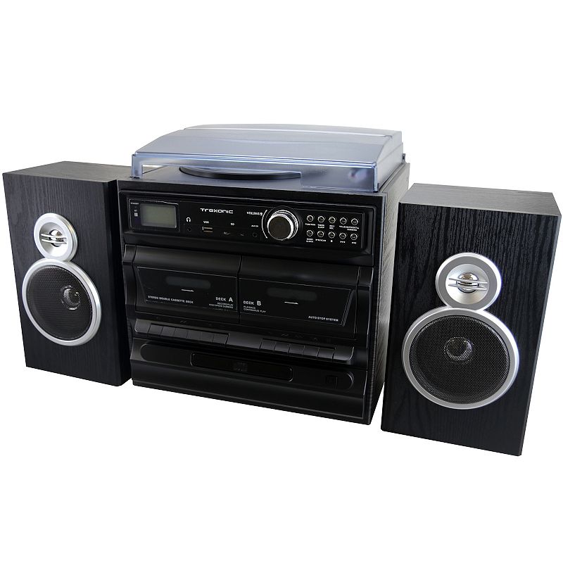 Trexonic 3-Speed Vinyl Turntable Home Stereo System with CD Player, Dual Cassette Player, Bluetooth, FM Radio & USB/SD Recording & Wired Shelf Speakers, Black