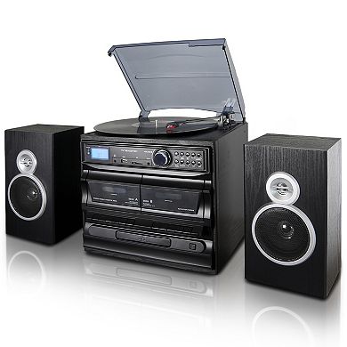 Trexonic 3-Speed Vinyl Turntable Home Stereo System with CD Player, Dual Cassette Player, Bluetooth, FM Radio & USB/SD Recording & Wired Shelf Speakers