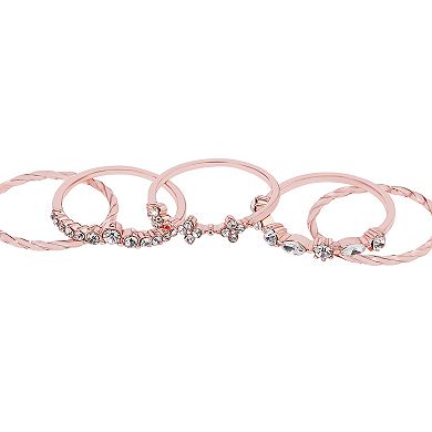 LC Lauren Conrad 5-Pair Rose Gold Tone Crystal Stone Floral Ring Set