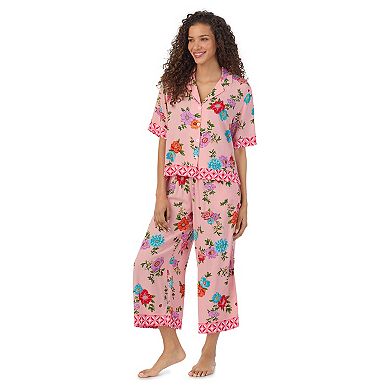 Women's Beauty Sleep Social 2-Piece Notch Pajama Top & Cropped Bottoms Sleep Set