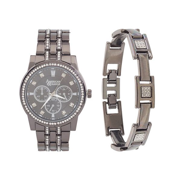 American Exchange Men's Silver Tone Chronograph Watch & Bracelet Set