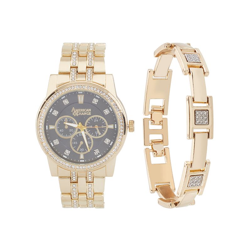 American Exchange Men's Gold Tone Chronograph Watch & Bracelet Set, Size: Large