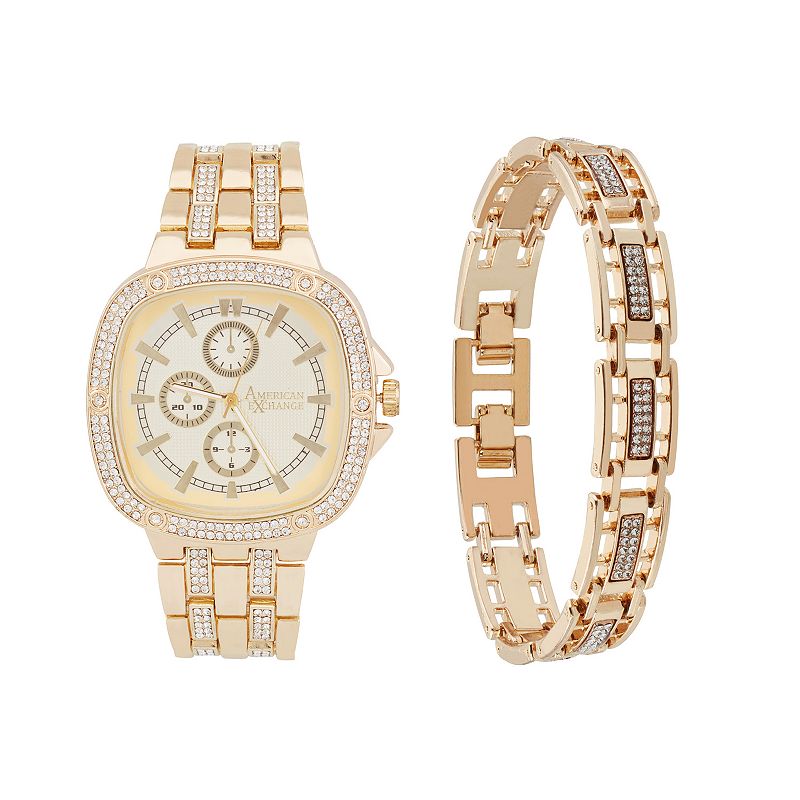 American Exchange Men's Gold Tone Chronograph Watch & Bracelet Set, Size: Large