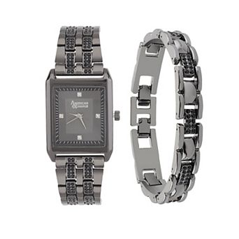 American Exchange Men's Black Tone Analog Watch & Bracelet Set