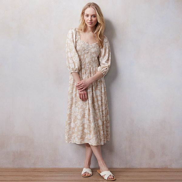 Women s LC Lauren Conrad Smocked Sweetheart Long Sleeve Midi Dress