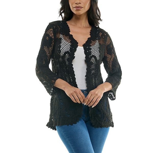 Women's Nina Leonard Scalloped Edge Crotchet Open Cardigan