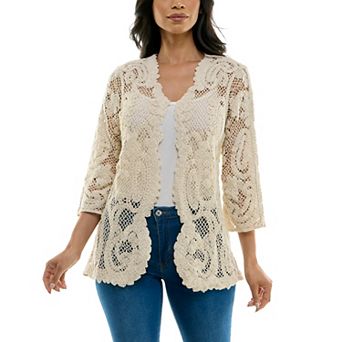 Women's Nina Leonard Scalloped Edge Crotchet Open Cardigan