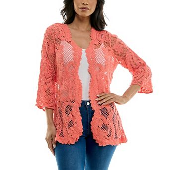 Women's Nina Leonard Scalloped Edge Crotchet Open Cardigan