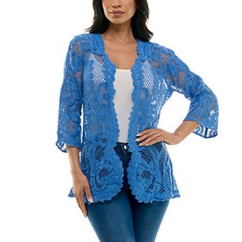 Women's Nina Leonard Scalloped Edge Crotchet Open Cardigan