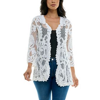 Women's Nina Leonard Scalloped Edge Crotchet Open Cardigan