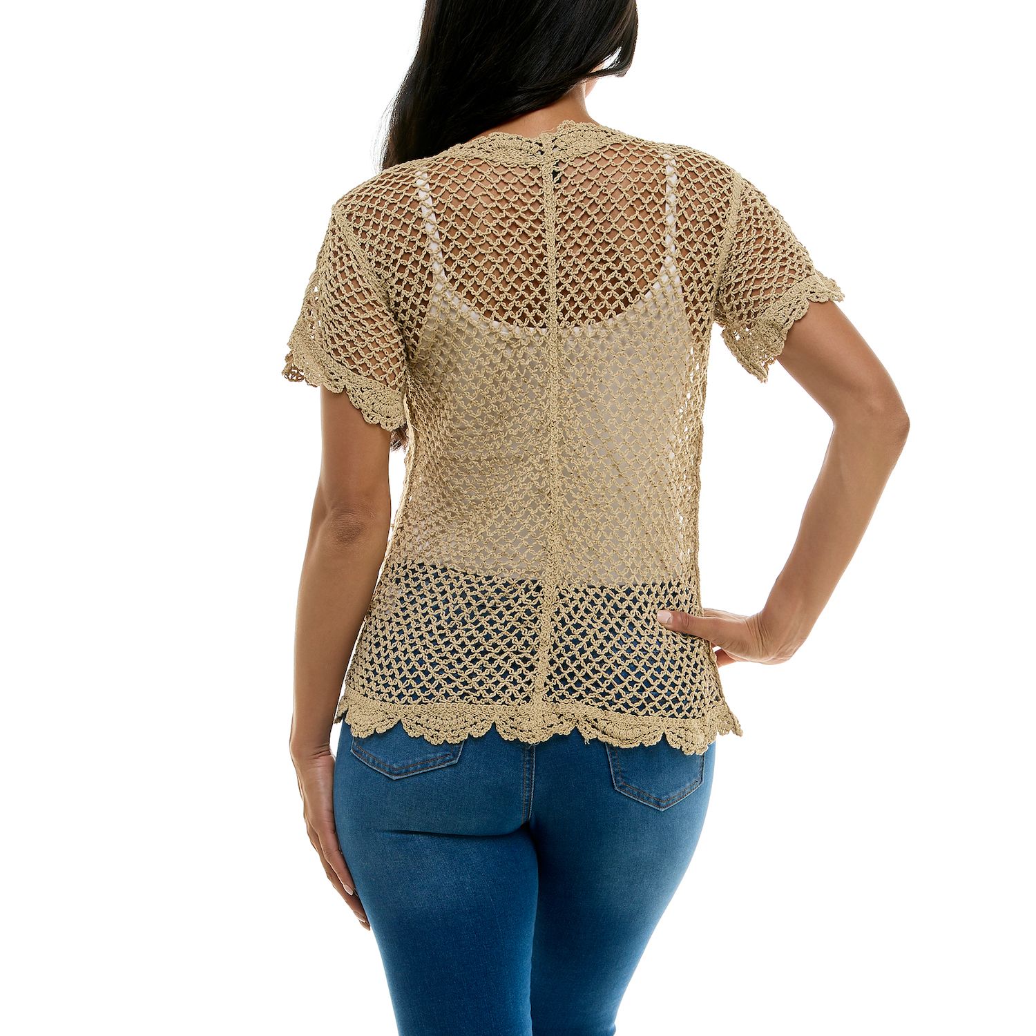 Women's Nina Leonard Short Sleeve Crochet Scalloped Cardigan