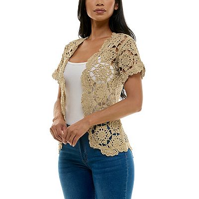 Women's Nina Leonard Short Sleeve Crochet Scalloped Cardigan