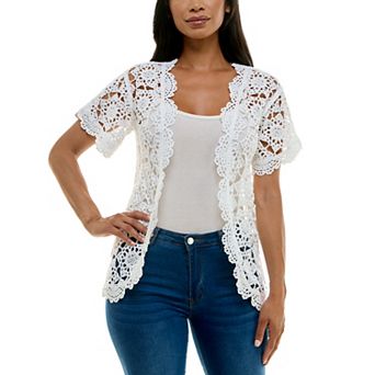 Women's Nina Leonard Short Sleeve Crochet Scalloped Cardigan