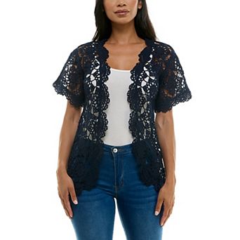 Women's Nina Leonard Short Sleeve Crochet Scalloped Cardigan
