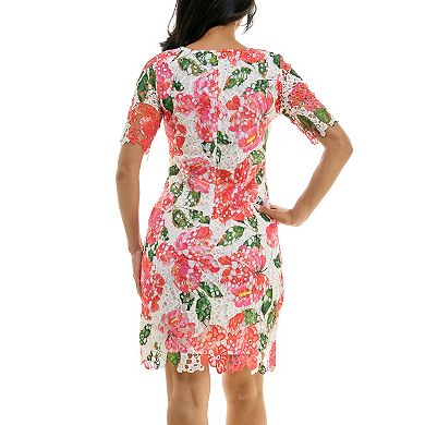 Women's Nina Leonard Elbow Sleeve Floral Print Lace Sheath Mini Dress