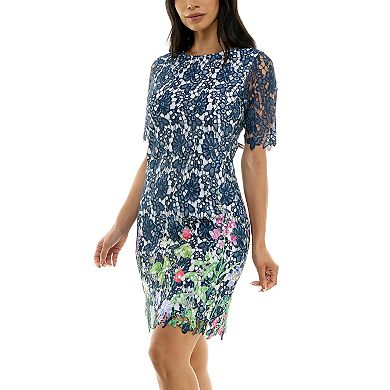 Women's Nina Leonard Floral Print Lace Trimmed Short Sleeve Mini Dress