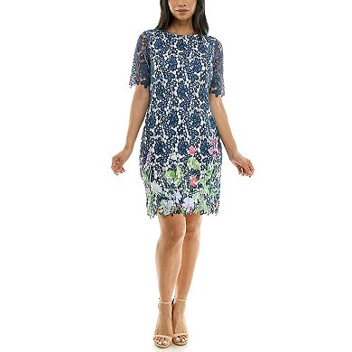 Women's Nina Leonard Floral Print Lace Trimmed Short Sleeve Mini Dress