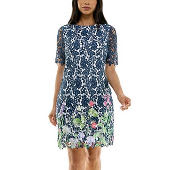 Women's Nina Leonard Floral Print Lace Trimmed Short Sleeve Mini Dress