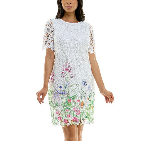 Женские платья Nina Leonard Women's Nina Leonard Floral Print Lace Trimmed Short Sleeve Mini Dress