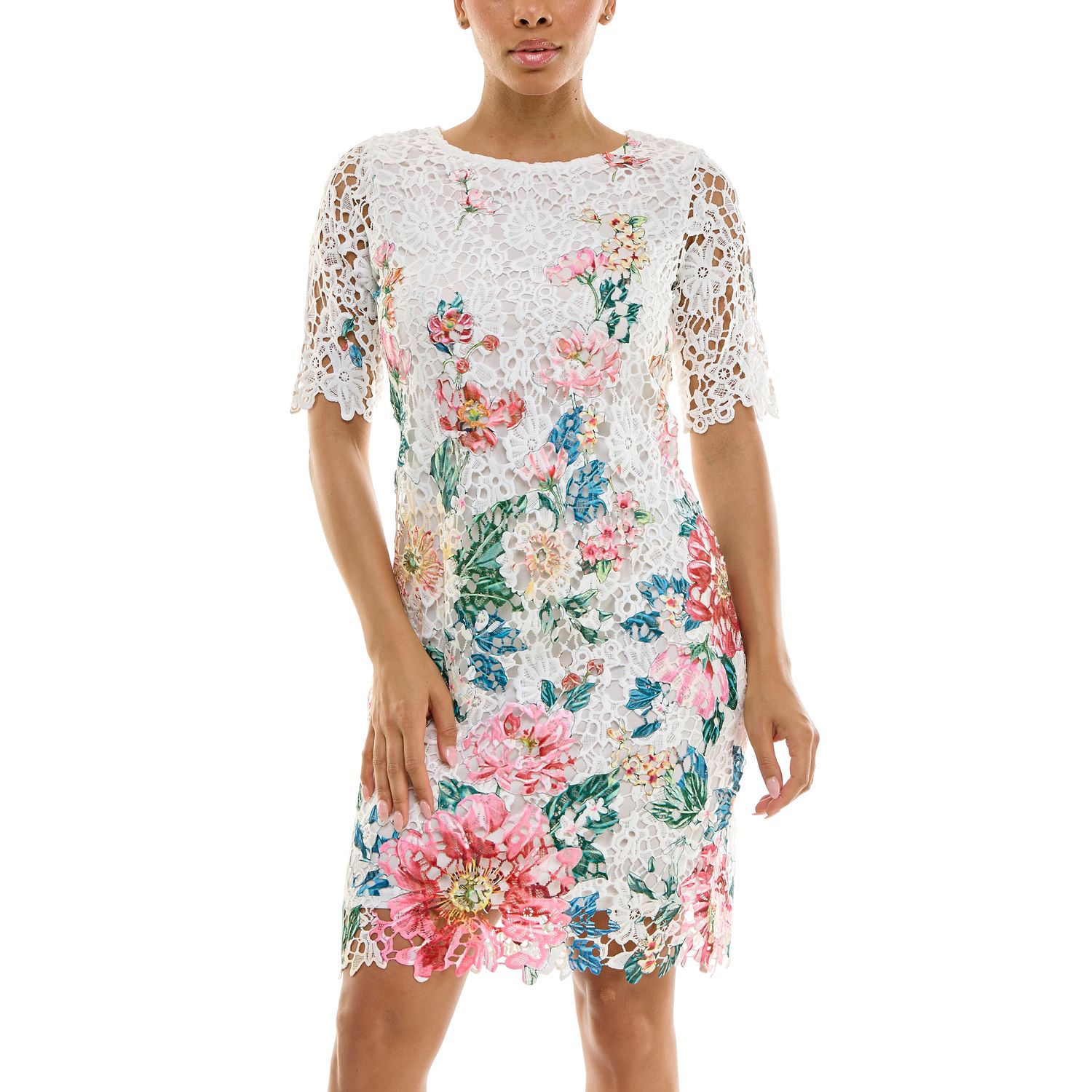 Женские платья Nina Leonard Floral Lace Trimmed Short Sleeve Mini Sheath Dress