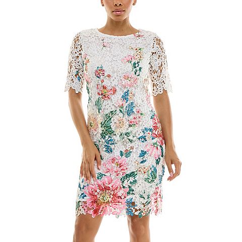 Женские платья Nina Leonard Women's Nina Leonard Floral Lace Trimmed Short Sleeve Mini Sheath Dress