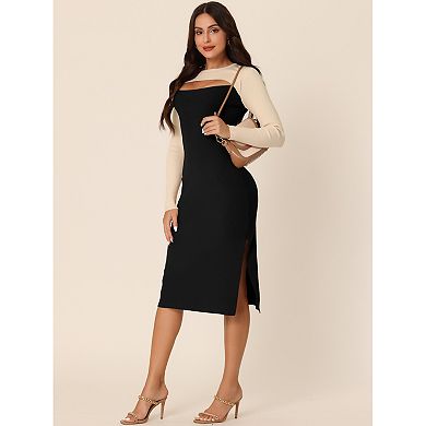 Women's Long Sleeve Cut Out Midi Dress Crew Neck Color Block Knitted Sweater Dresses
