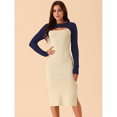 Women's Long Sleeve Cut Out Midi Dress Crew Neck Color Block Knitted Sweater Dresses