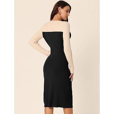 Women's Long Sleeve Cut Out Midi Dress Crew Neck Color Block Knitted Sweater Dresses