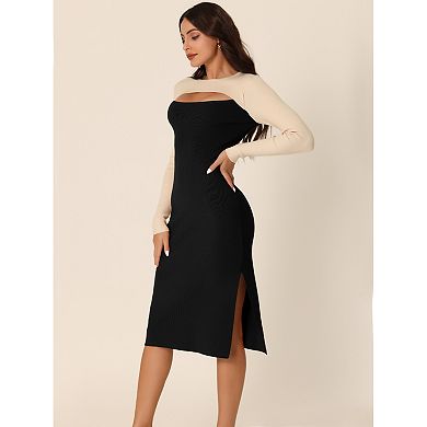 Women's Long Sleeve Cut Out Midi Dress Crew Neck Color Block Knitted Sweater Dresses
