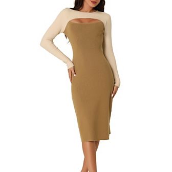 Women's Long Sleeve Cut Out Midi Dress Crew Neck Color Block Knitted Sweater Dresses