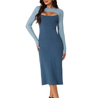 Women's Long Sleeve Cut Out Midi Dress Crew Neck Color Block Knitted Sweater Dresses