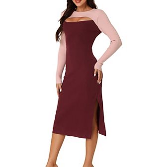 Women's Long Sleeve Cut Out Midi Dress Crew Neck Color Block Knitted Sweater Dresses