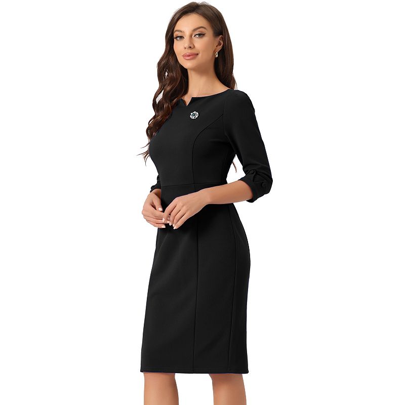 3 4 sleeve bodycon midi dress Allegra K 3/4 Notch Neck Slim Fit Work Pencil Dress, Black / XS Luxury Bridal Boutique -Sharon LEO-SEASON-EDIT Color:Chambray Blue job interview