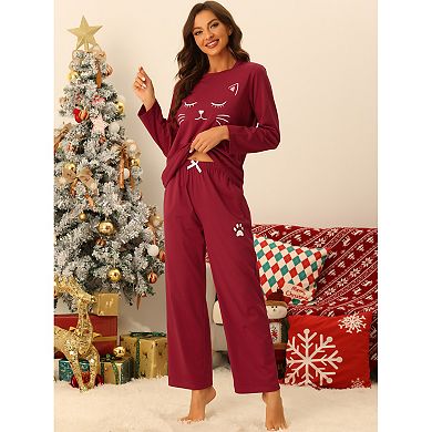 Women's Pajamas Nightwear Cute Cat Print Tops and Pants Sleepwear Lounge Stes
