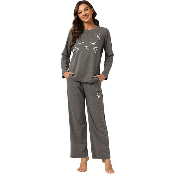 Women's Pajamas Nightwear Cute Cat Print Tops and Pants Sleepwear ...