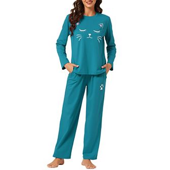 Women's Pajamas Nightwear Cute Cat Print Tops and Pants Sleepwear Lounge Stes