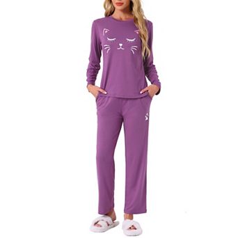 Women's Pajamas Nightwear Cute Cat Print Tops and Pants Sleepwear Lounge Stes