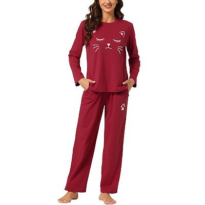 Women s Pajamas Nightwear Cute Cat Print Tops and Pants Sleepwear Lounge Stes