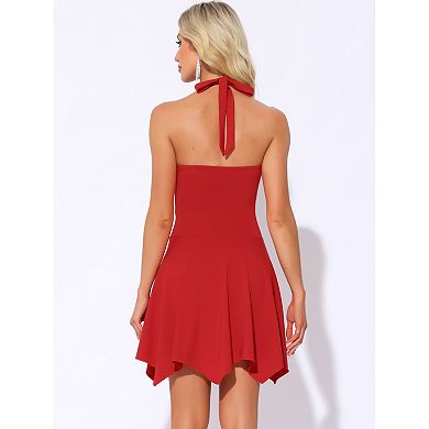Women's Halter Deep V Neck Sleeveless Skater Mini Dress