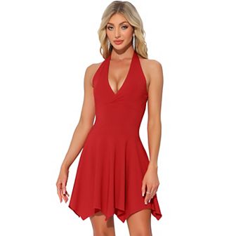 Women's Halter Deep V Neck Sleeveless Skater Mini Dress