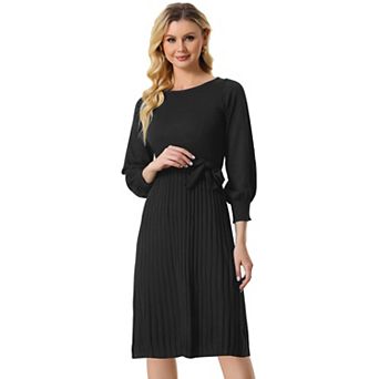 Women's Knit Belted Dress Crew Neck Lantern Sleeves Casual Pleated Sweater Dresses