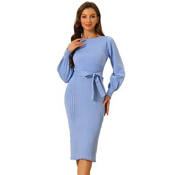 Women's Knit Belted Dress Crew Neck Lantern Sleeves Casual Pleated Sweater Dresses