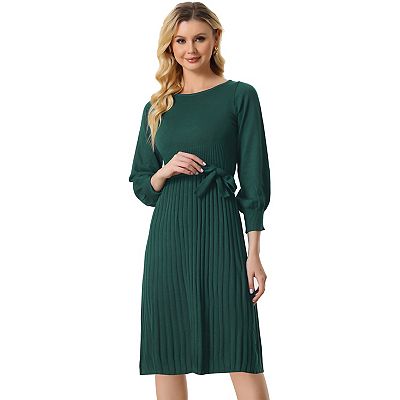 Knit Belted Crew Neck Lantern Sleeve Casual Pleated Sweater Dress, Green / L