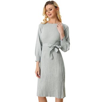 Women's Knit Belted Dress Crew Neck Lantern Sleeves Casual Pleated Sweater Dresses